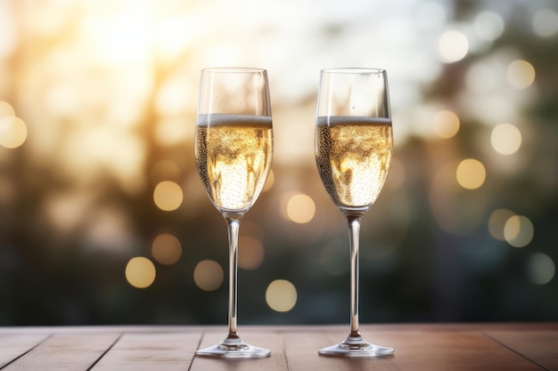 Two champagne glasses on light background Generative AI illustration