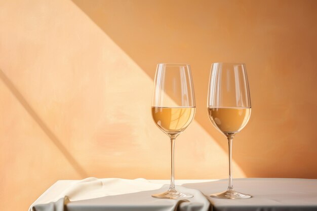 two champagne glasses standing on top of a table