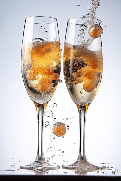 two champagne glasses with bubbles on white background