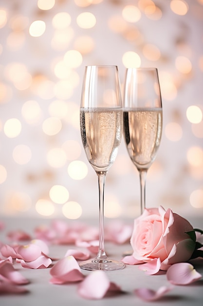 Two Champagne glasses with pink rose petals on a bokeh light graphic background Valentines Day