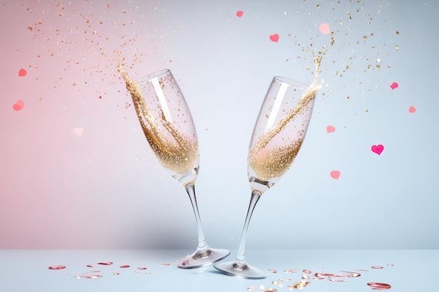 Two champagne glasses with splashes of red heart shaped confetti on a pink background stand