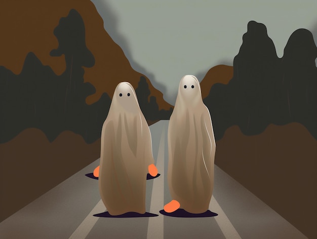 two characters on a road with a mountain in the background.