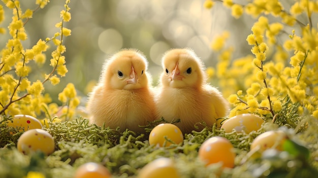 Two charming fluffy ducklings amidst spring blossoms serene nature scene perfect for easter cheerful and cute baby ducks AI