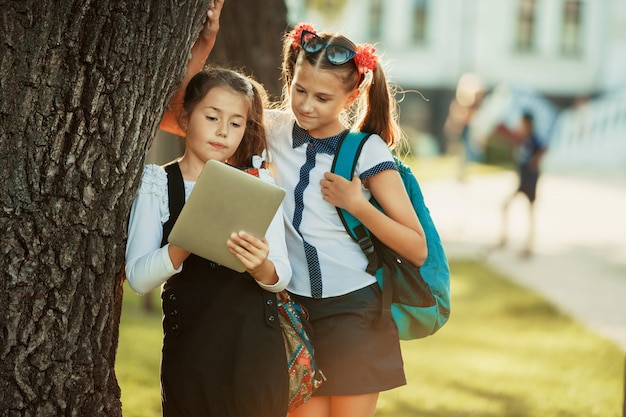 Two charming school-age girls stand by the tree near the school and play on the tablet.