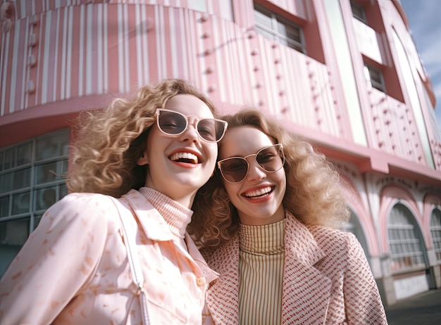 Two cheerful girlfriends in sunglasses on a background of a pink wall