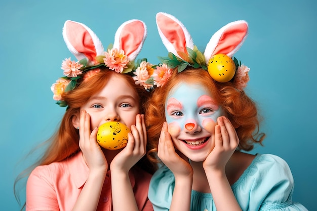 Two cheerful girls with bunny ears holding easter eggs at face on blue background generative ai