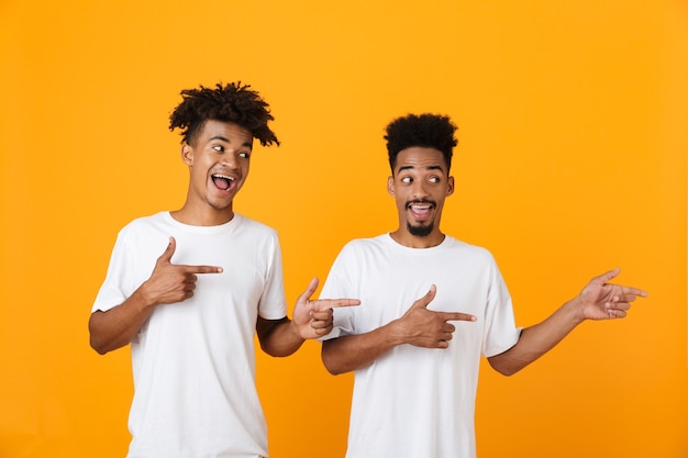 Two cheerful male friends in t-shirts