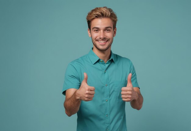 Photo two cheerful men in teal shirts give a thumbs up smiling at the camera with a purple background