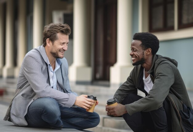 Two cheerful multiracial young men sit on steps having a coffee conversation