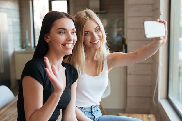 Two cheerful women indoors using mobile phone and waving