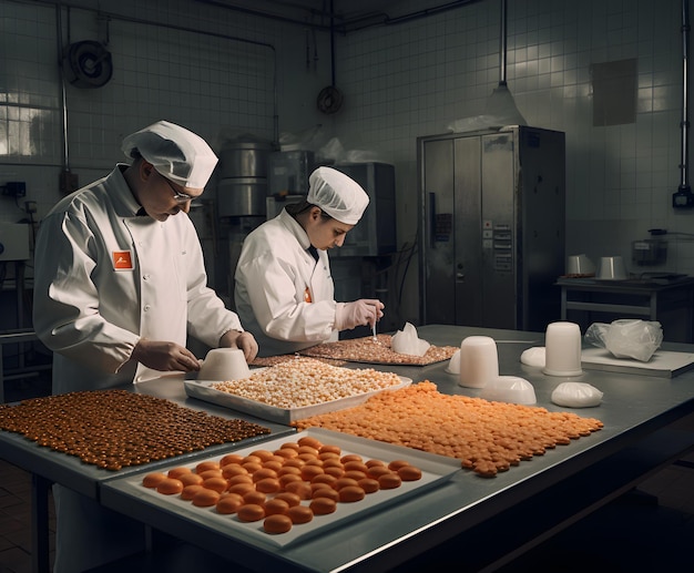 Two chefs are working on a table with pastries on it.