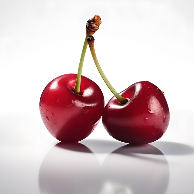 Two cherries are sitting on a white surface