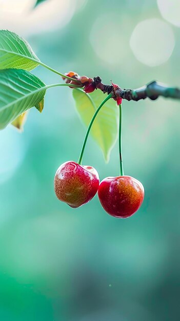 Photo two cherries on a branch with green leaves