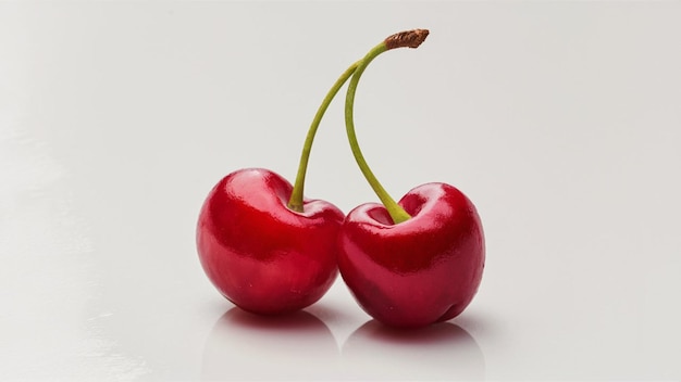 two cherries with the stem of one that is red