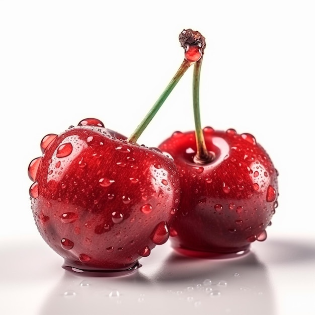 Two cherries with water drops on them, one of which is red and the other is red.