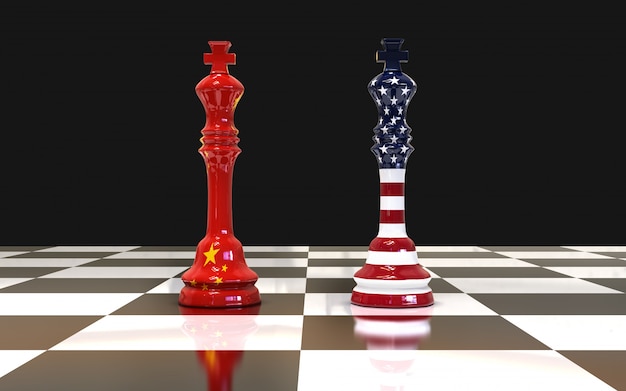  Two chess king on chess board US and China flag 