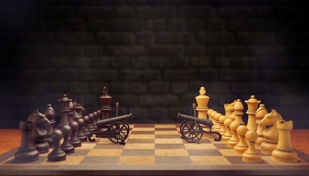 Photo the two chess pieces are going to war. they both use cannons as their weapons on a chessboard with a brick wall background. the concept of business warfare using business strategy.ãâ 3d illustration.