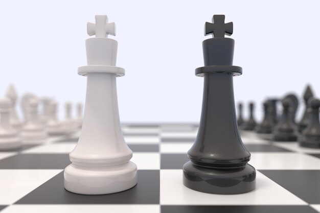 Two chess pieces on a chessboard. Black and white kings facing each other. Competition, discussion, agreement or opposition and confrontation concept.