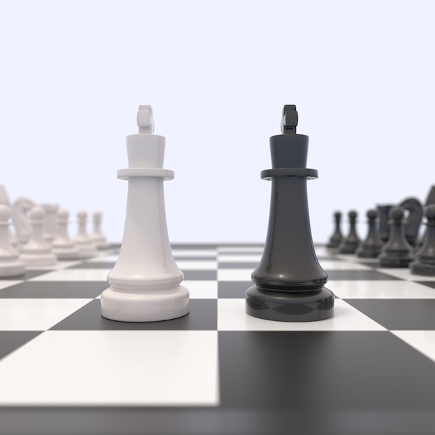 Two chess pieces on a chessboard. Black and white kings facing each other. 