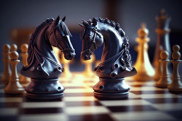 Two chess pieces with horse heads on chess board Generative AI