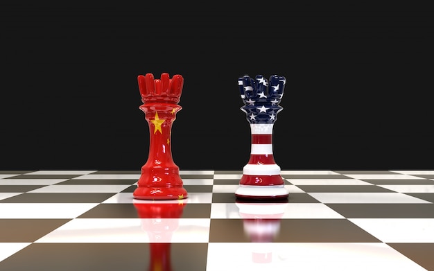 Two chess rook on chess board US and China flag 