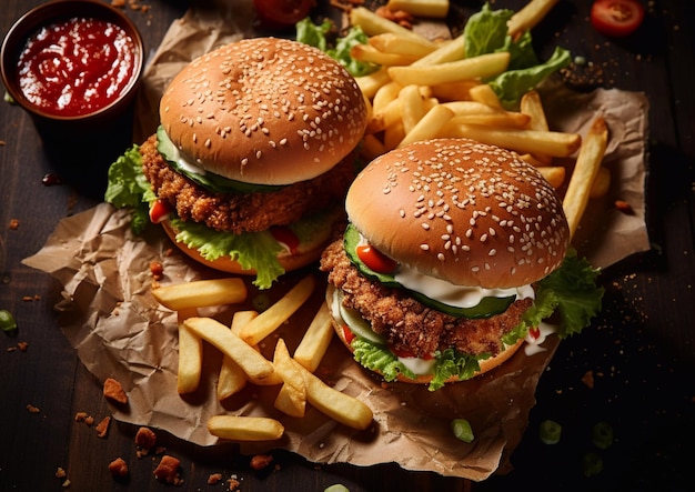 Foto due hamburger di pollo con lattuga e pomodoro con patatine fritte su tavola di legno con salsa