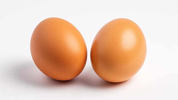 Two chicken eggs sit apart on a white surface