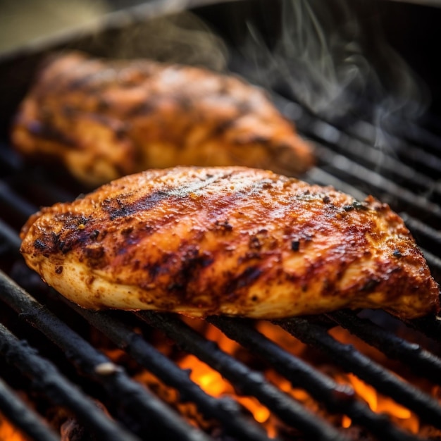 Two chicken on a grill with the word chicken on it