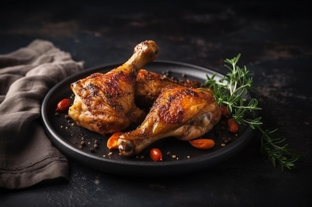 Two chicken legs on a plate with tomatoes and herbs.