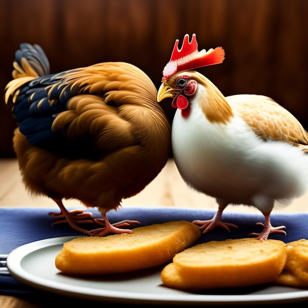Two chickens are on a plate with a blue napkin.