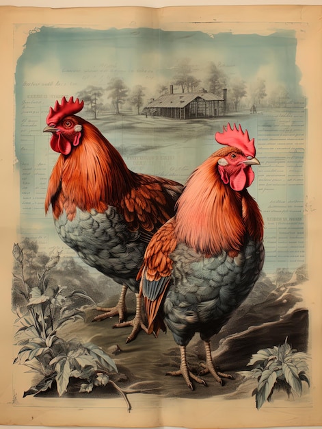 two chickens are standing in a field with one of them has a red beak.