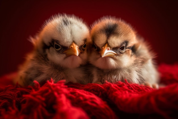 Photo two chickens looking at the camera with a red background