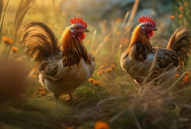 Two chickens standing in a field of tall grass