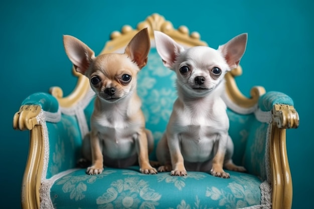 Two chihuahuas sitting on a blue chair