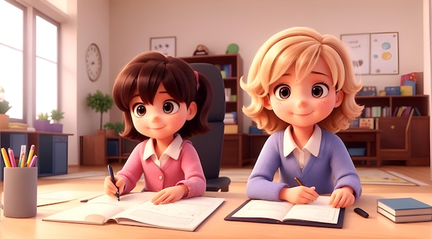 2 人の子供の女の子が勉強していますかわいい漫画のキャラクター 3 d アニメの女の子 AI 生成イラスト