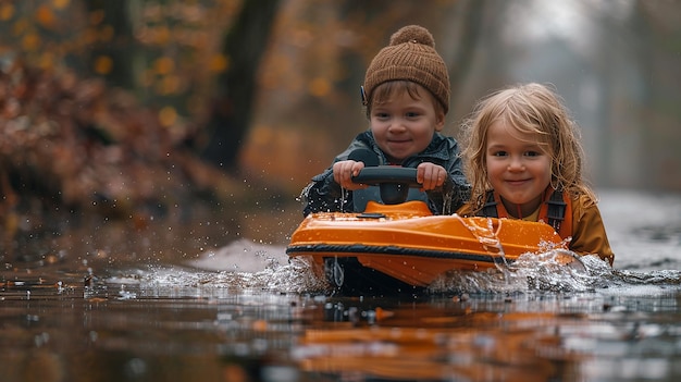 two children are in a boat and one of them is wearing a hat and the other is a boat with a yellow boat