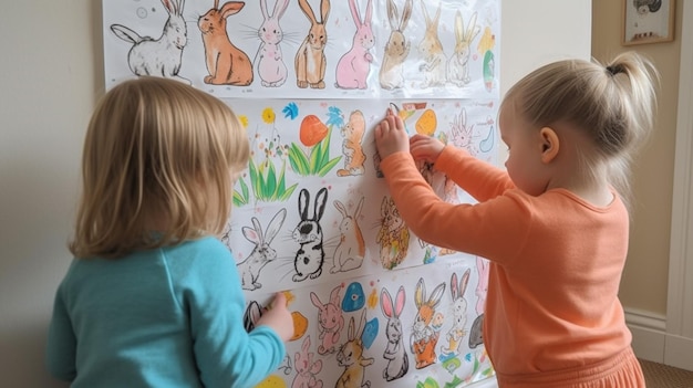 Two children are drawing a rabbit on a wall.