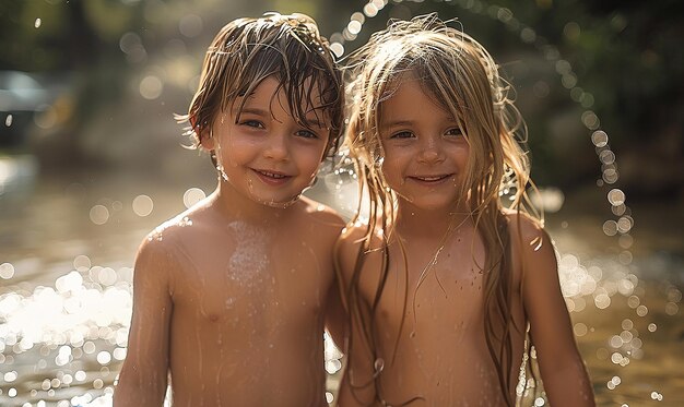 Двое детей принимают ванну, а один улыбается другому.