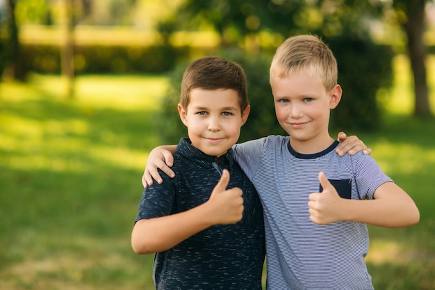 Two children are playing in the park. Two beautiful boys in T-shirts and shorts have fun smiling. They eat ice cream, jump, run. Summer is sunny.