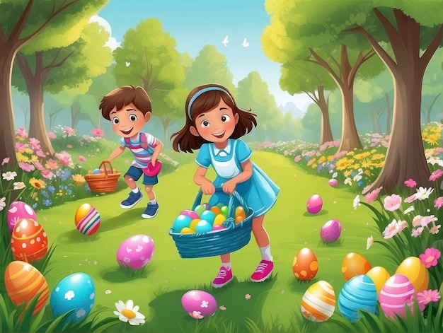 Two children are playing with easter eggs in a field of flowers and trees