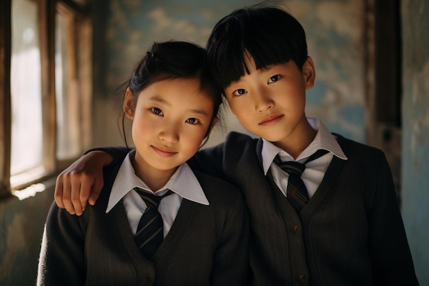 two children are posing for a photo together.