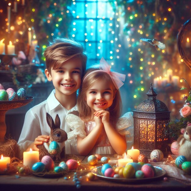 Foto due bambini stanno posando per una foto con un coniglietto e un cesto di uova di pasqua