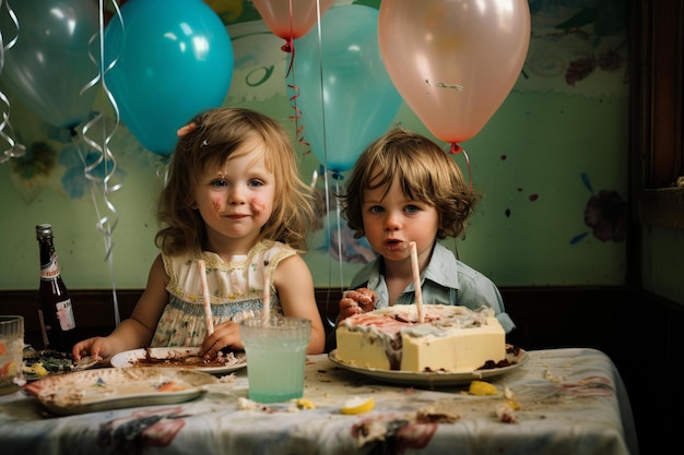 Two children are sitting at a table with a cake and a cake with a cake on it.