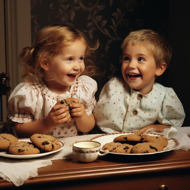 two children are sitting at a table with cookies and a cup of milk.