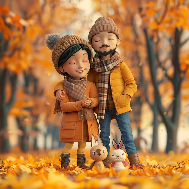 two children are standing in the leaves with a rabbit and rabbit