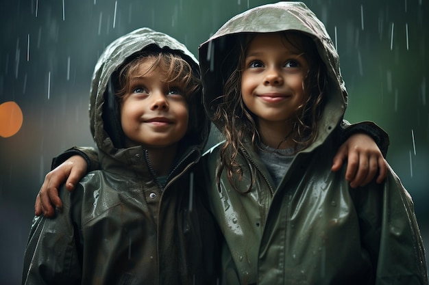 Two children are standing in the rain one of which is wearing a green jacket