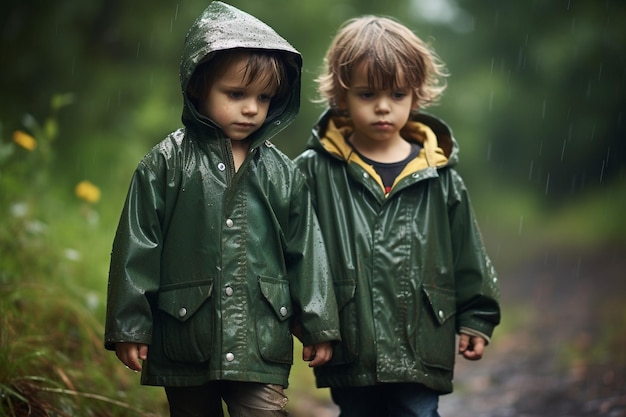 Two children are standing in the rain one of which is wearing a green jacket