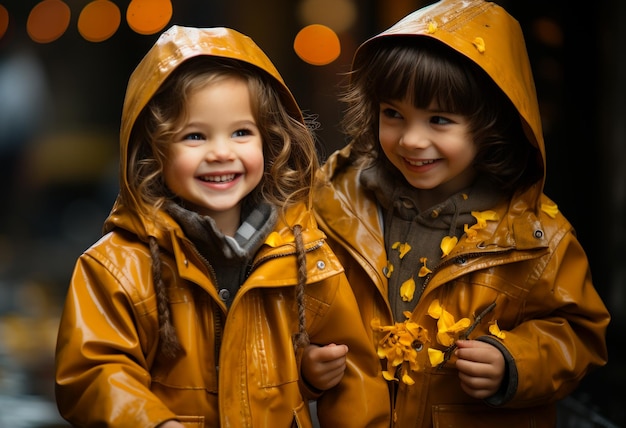 Foto due bambini stanno camminando sotto la pioggia due bambine che indossano impermeabili in piedi l'una accanto all'altra