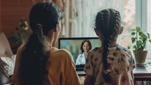 Photo two children are watching a television where a female doctor