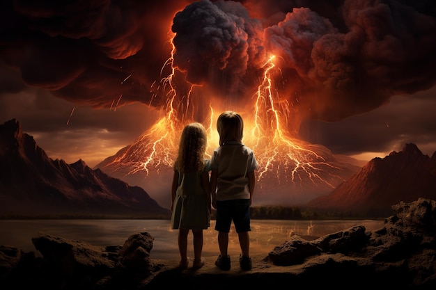 Foto due bambini ragazzo e ragazza che si tengono per mano e guardano un vulcano in eruzione con fumo e lava concetto di apocalisse